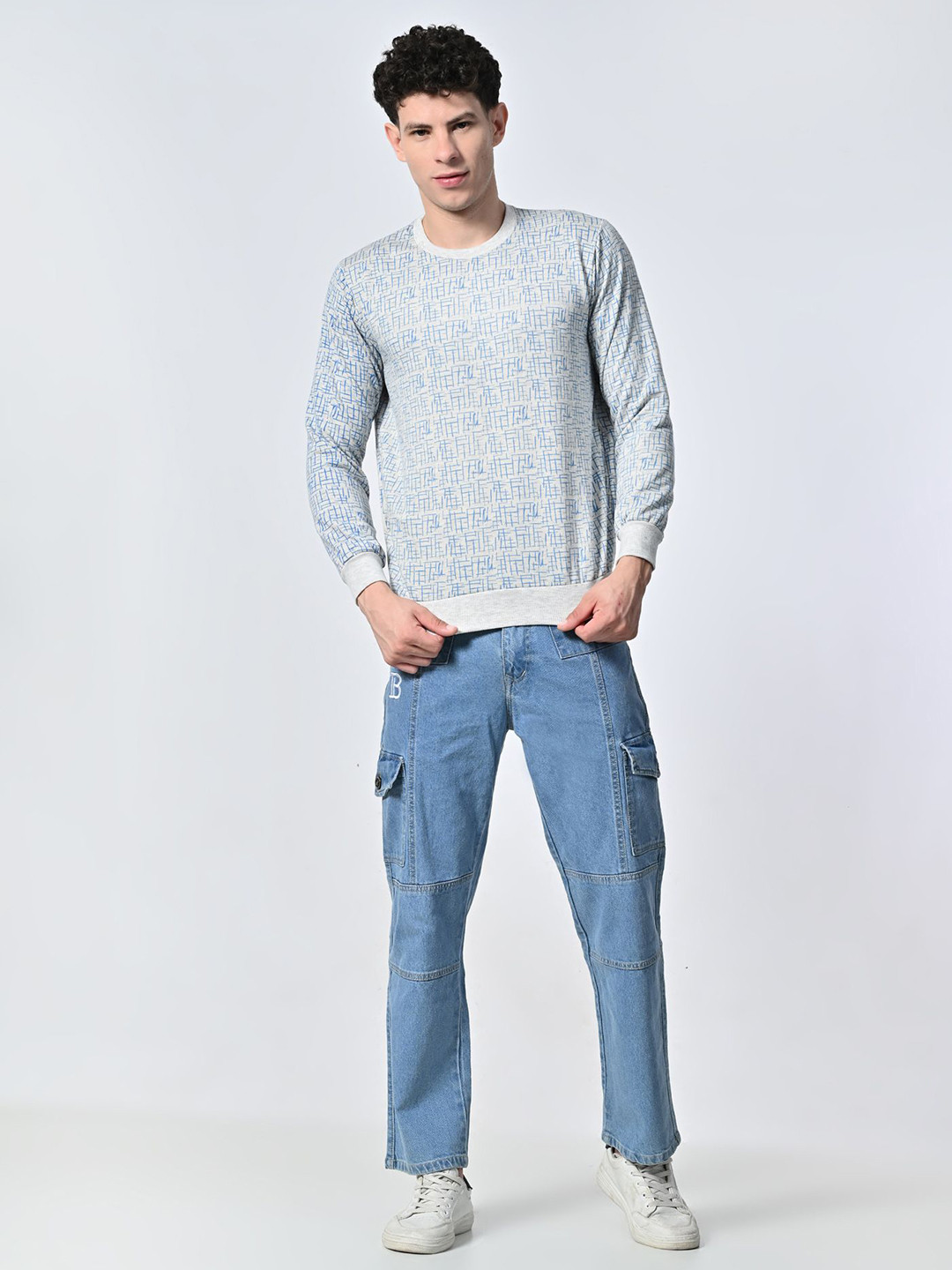 

BAESD Men Abstract Printed Round Neck Fleece Pullover Ribbed Sweatshirt, Grey