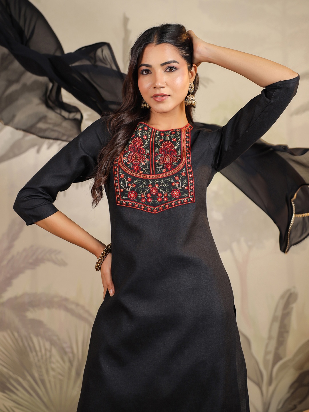

KALINI Floral Embroidered Sequinned Straight Kurta With Trouser & Dupatta, Black