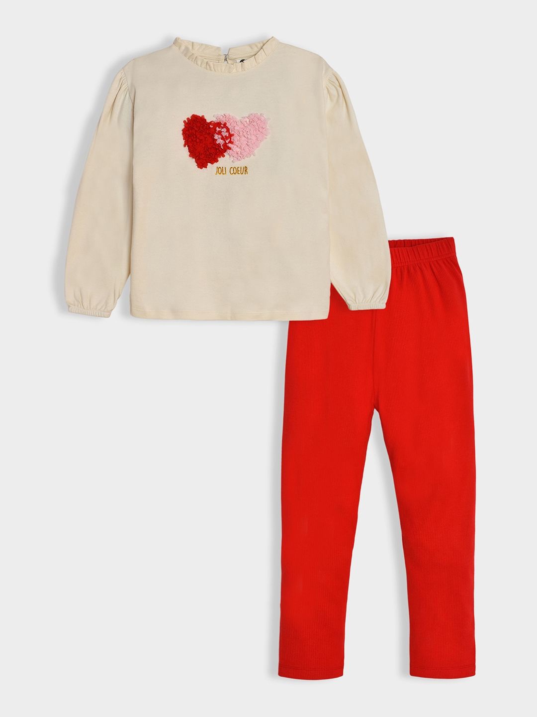 

MiArcus Girls Heart Applique Work Pure Cotton Top With Pajama, Red