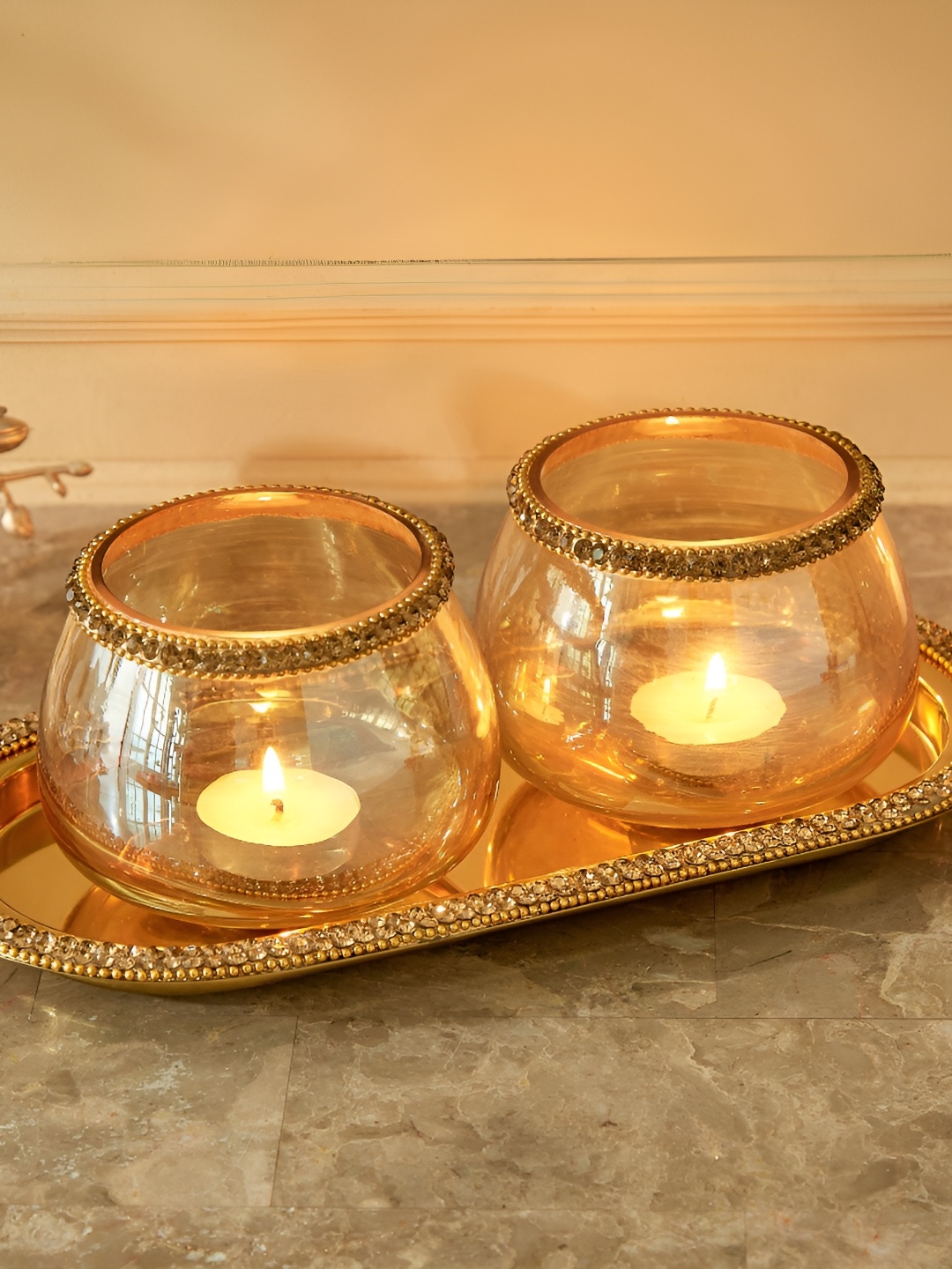 

Home Centre Fables Chrysallis Gold-Toned 2 Pieces Glass T-Light Candle Holder