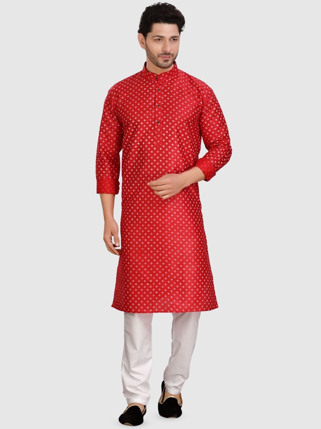 

ENCINO Floral Printed Band Collar Straight Kurta, Red
