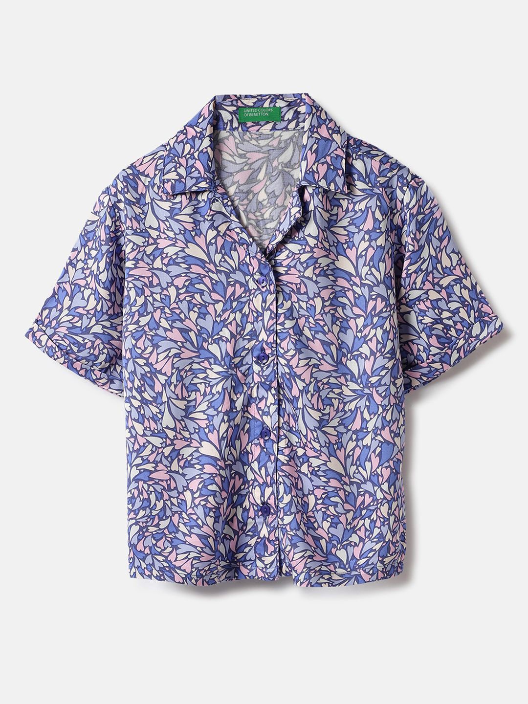 

United Colors of Benetton Girls Cuban Collar Floral Printed Casual Shirt, Purple