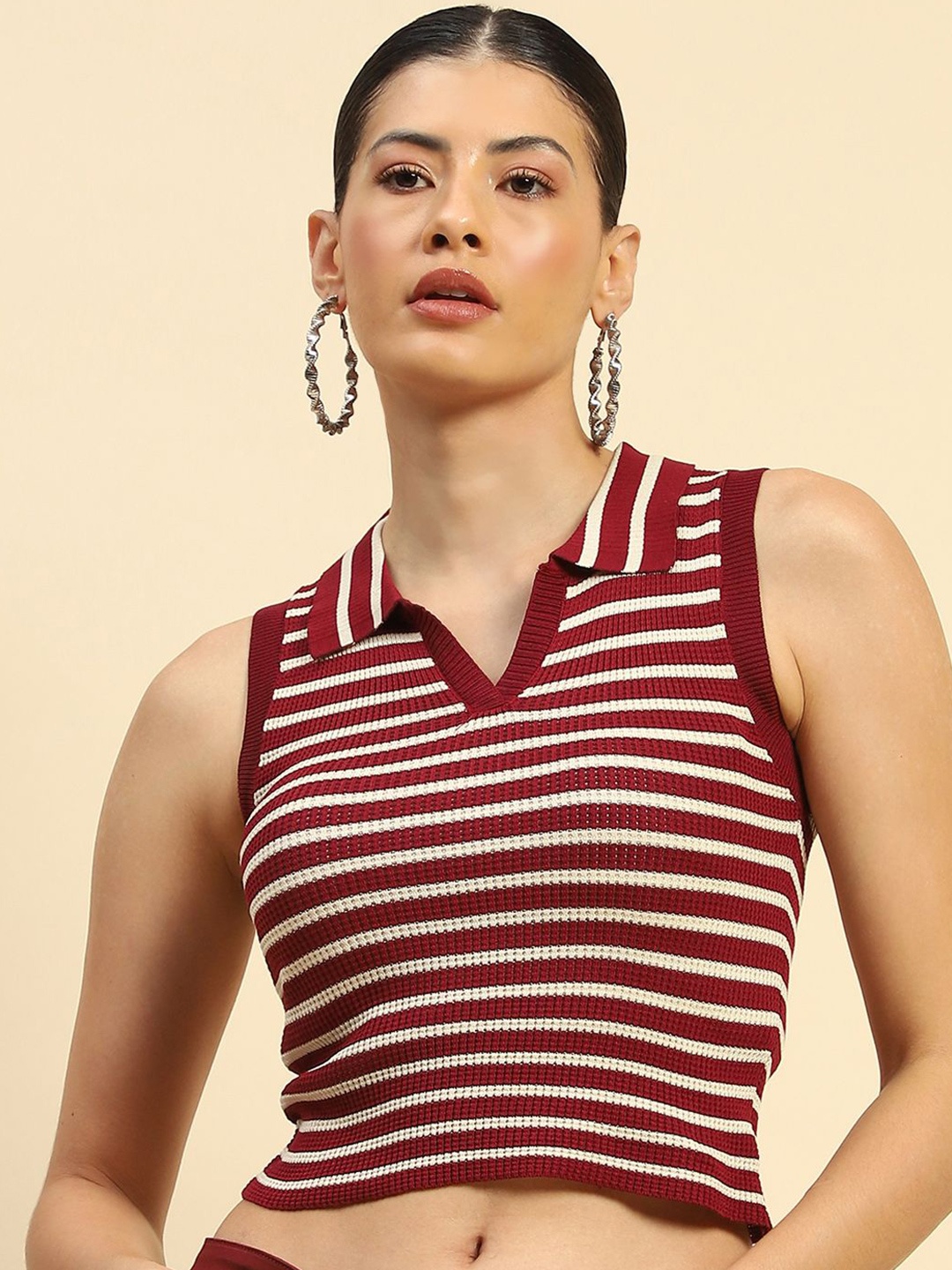 

Global Republic Women Horizontal Striped Shirt Collar Top, Maroon