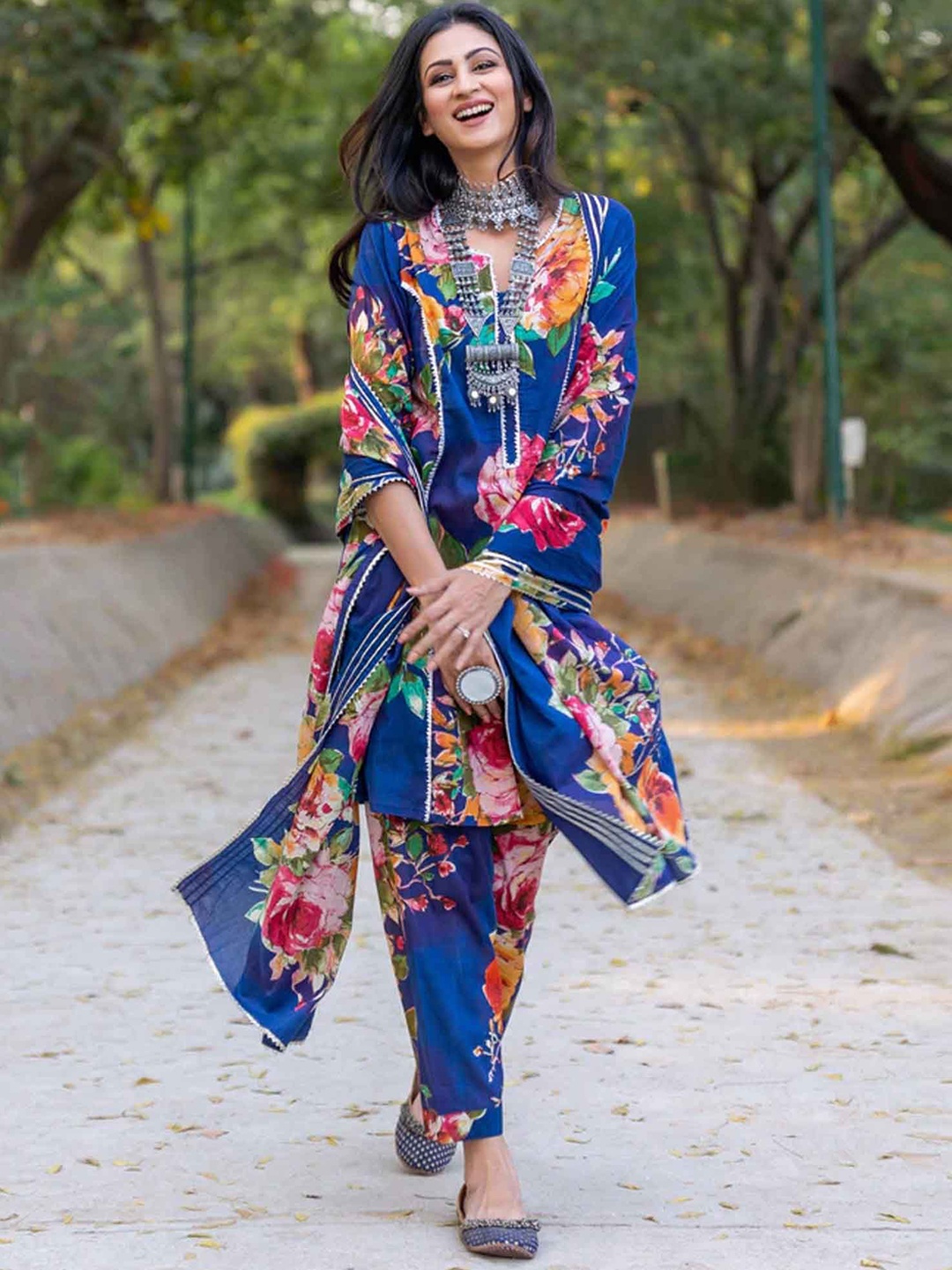 

Nehamta Floral Printed Gotta Patti Pure Cotton A-Line Kurta With Trousers & Dupatta, Blue