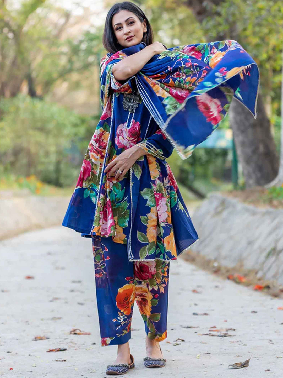 

KALINI Floral Printed Pure Cotton Kurta With Trousers & Dupatta, Blue