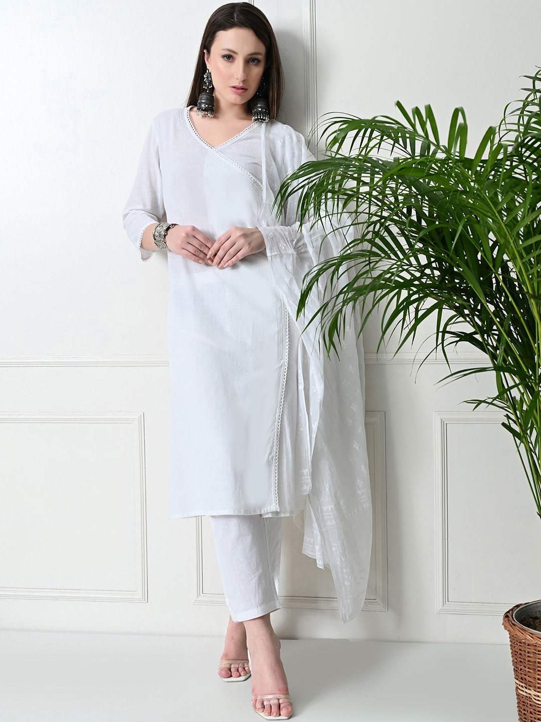 

RAJPUTANA CAMISA V-Neck Lace Angrakha Pure Cotton A-Line Kurta with Trousers & Dupatta, White