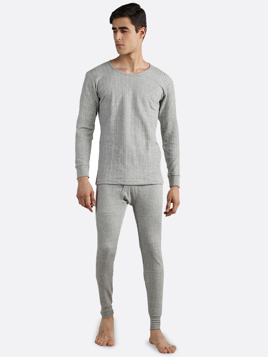 

NEVA Men Striped Round Neck Thermal Set, Grey