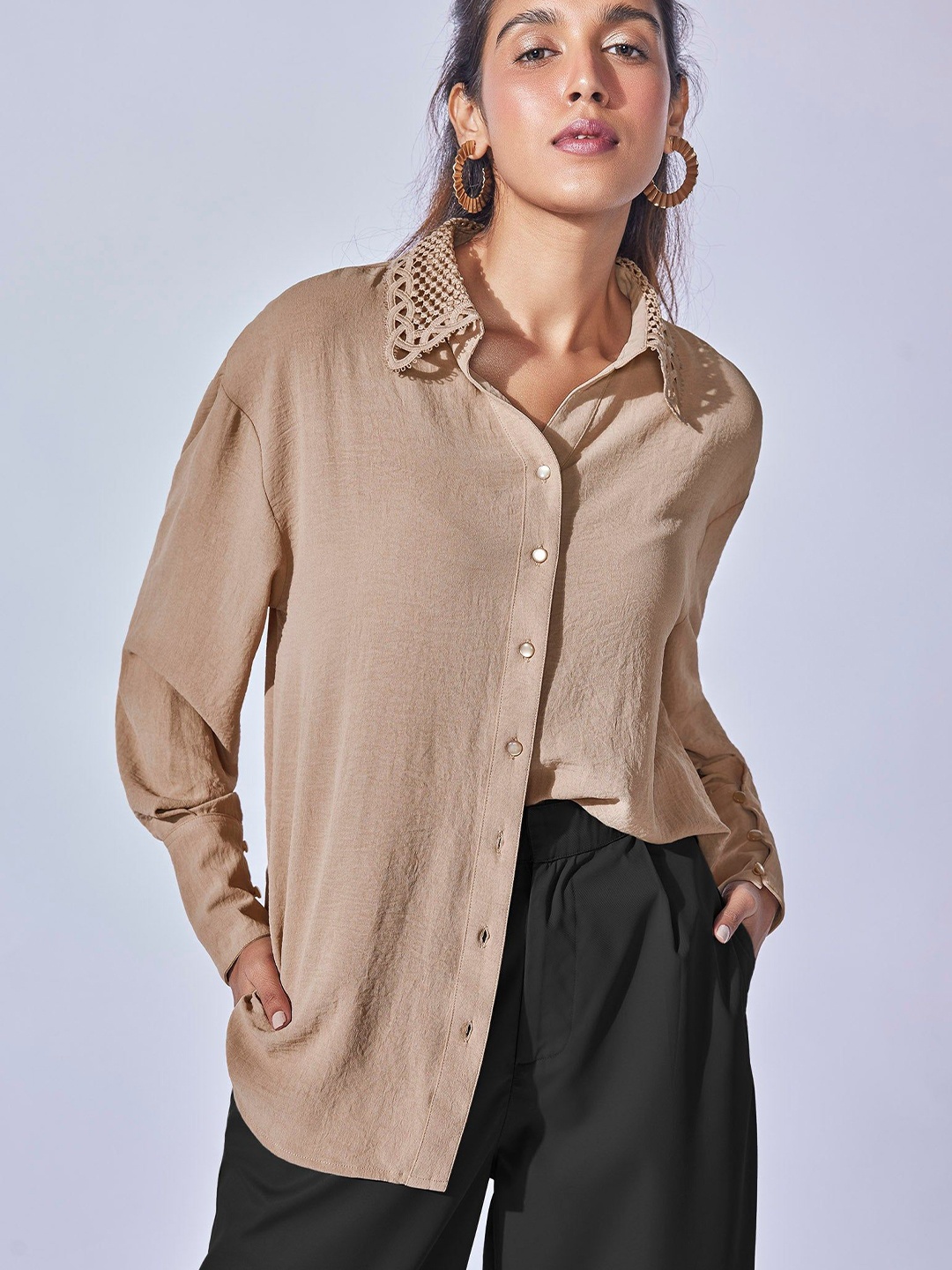 

The Label Life Women Spread Collar Solid Casual Shirt, Beige
