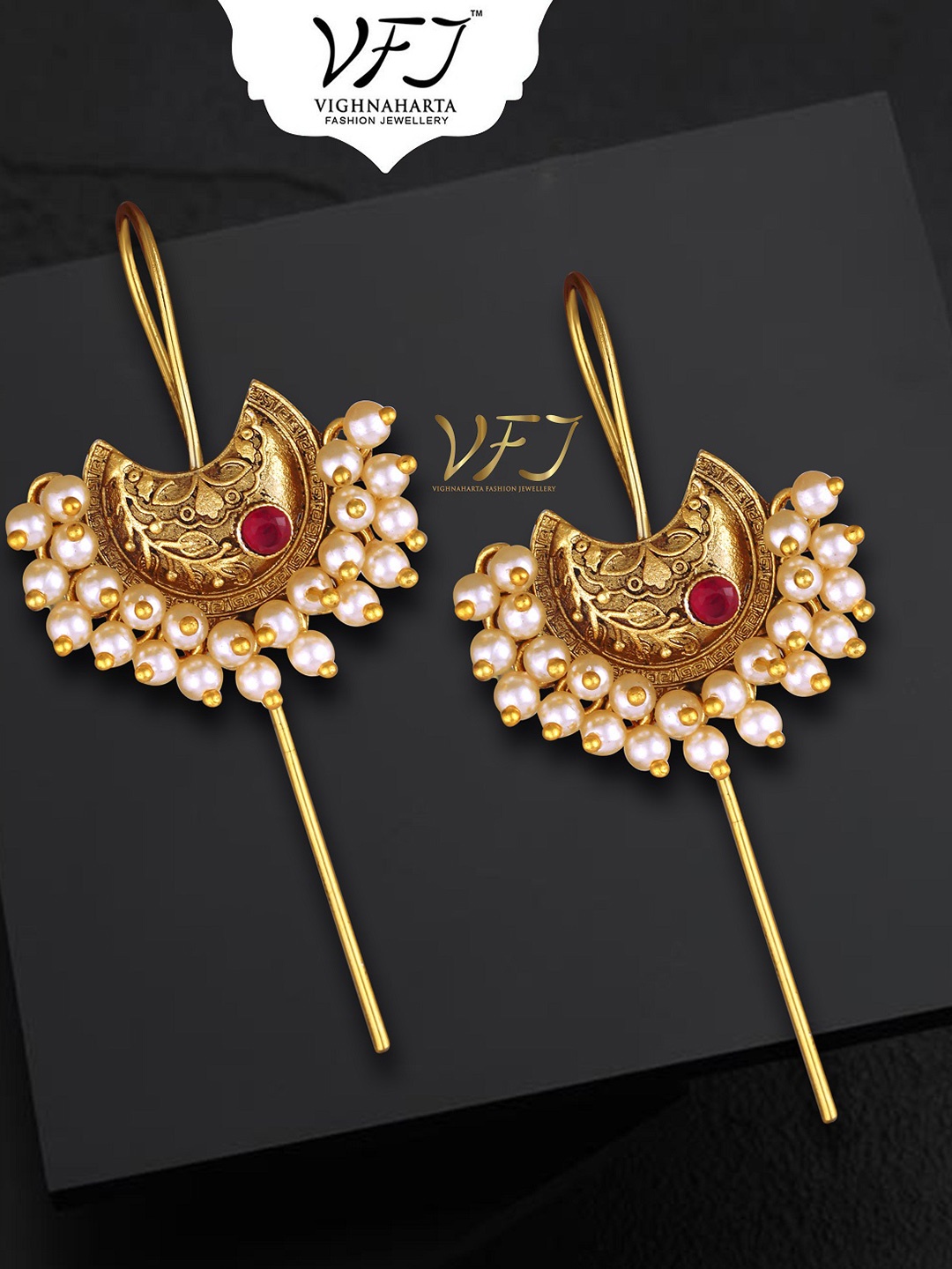 

Vighnaharta Gold-Plated Pearls Studded Floral Chandelier Ear Cuff Earrings, Red