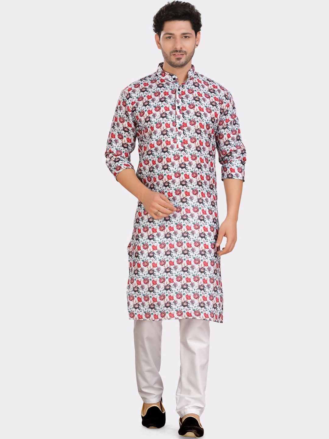 

ENCINO Floral Printed Mandarin Collar Cotton Straight Kurta, White