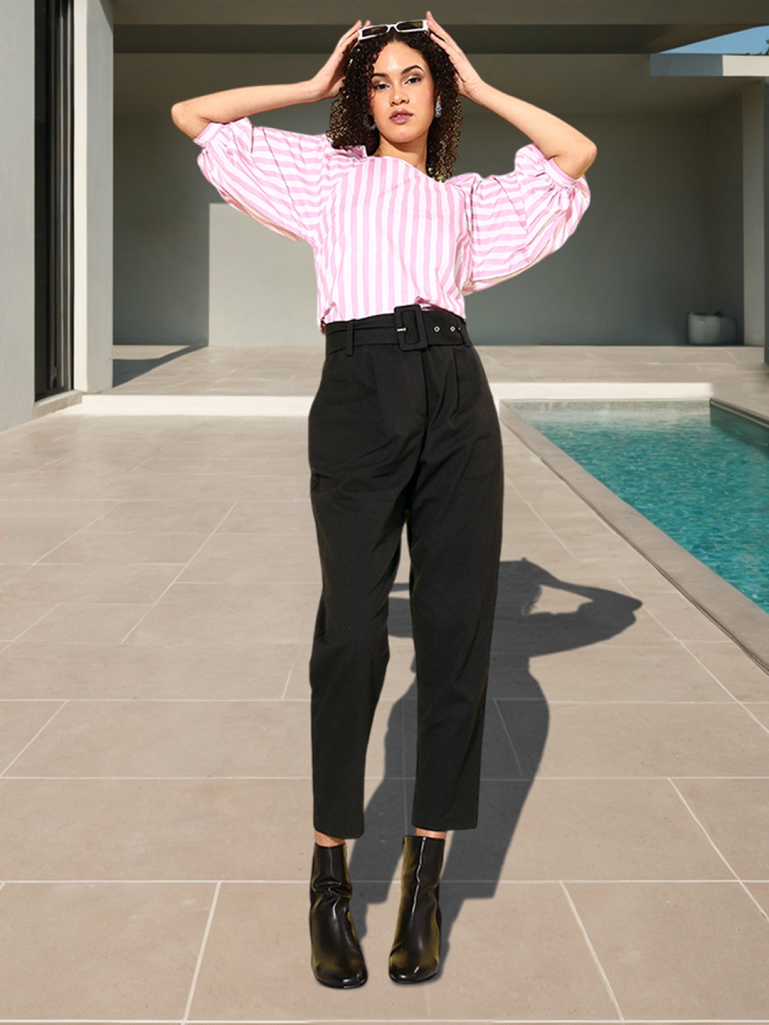 

Mast & Harbour Women Solid High-Rise Pure Cotton Trousers Comes With A Belt, Black