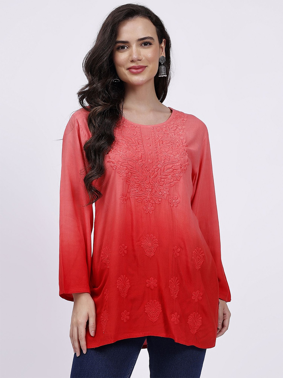 

NAZAQAT ETHNIC INDIA Floral Embroidered Chikankari Handloom Chikankari Kurti, Red