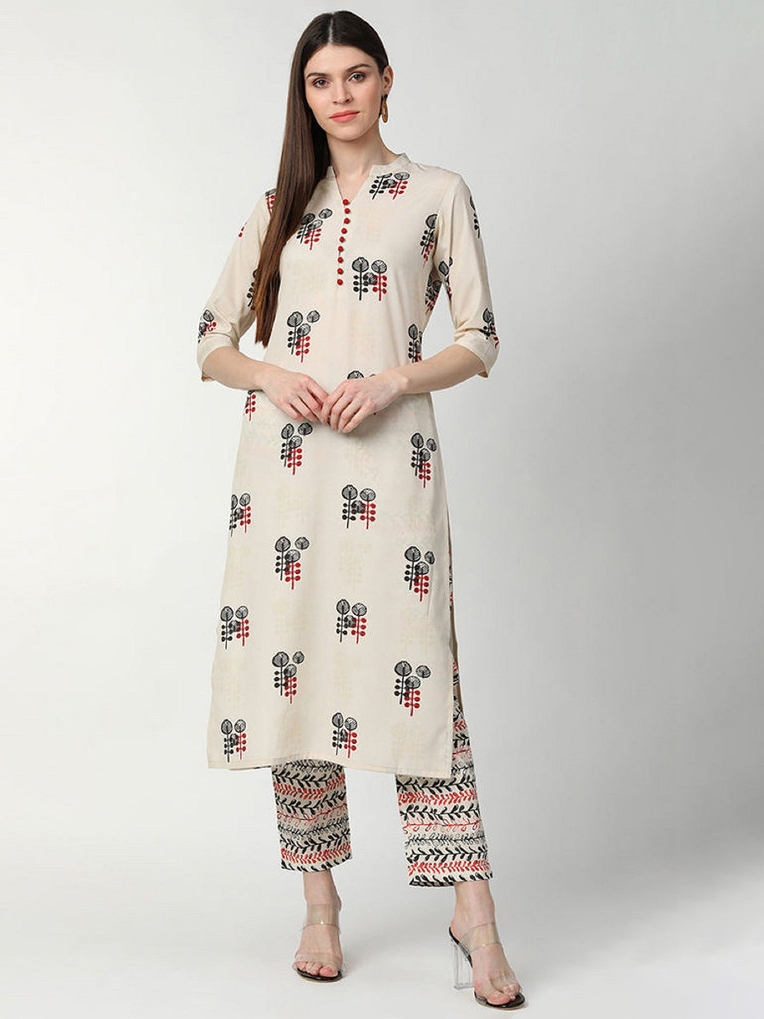 

MAHALASA Women Ethnic Motifs Printed Regular Silk Crepe Kurta with Palazzos, Off white