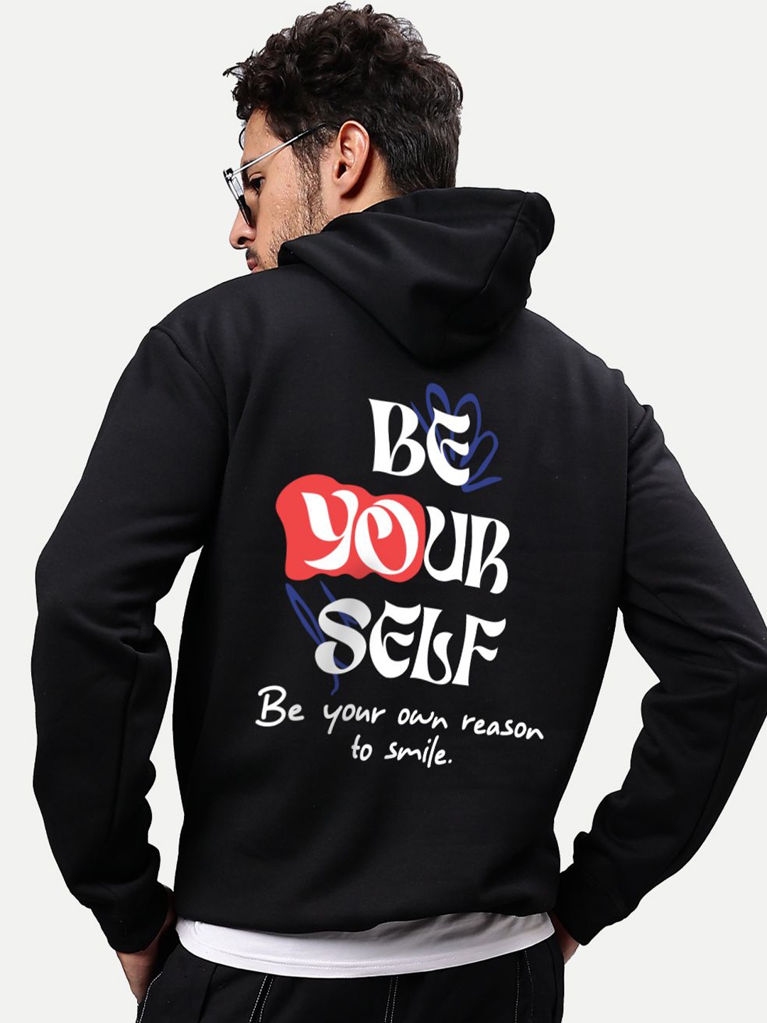 

Mad Over Print Men Typography Printed Hood Pullover Ribbed Sweatshirt, Black