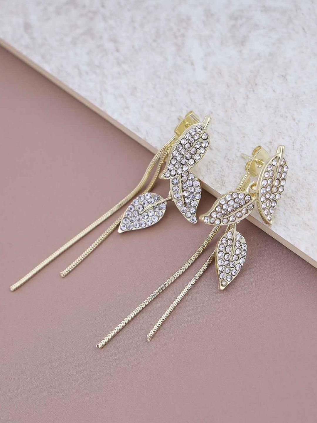 

styledose Sterling Silver Stone Studded Leaf Shaped Drop Earrings, Gold