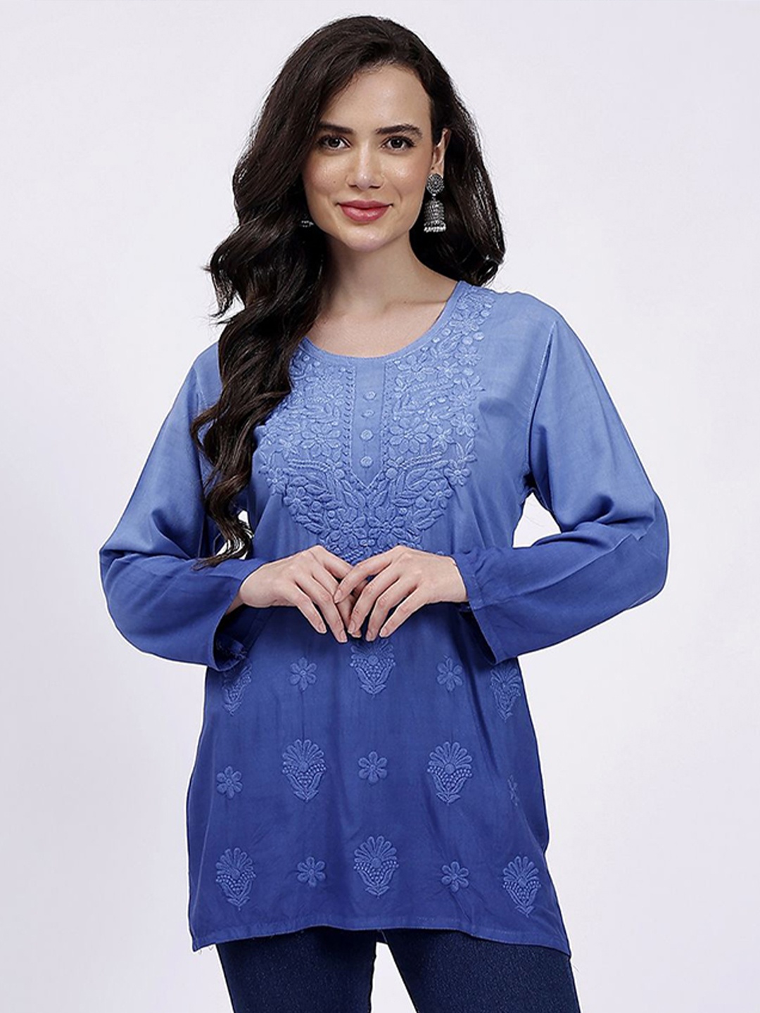 

NAZAQAT ETHNIC INDIA Floral Embroidered Chikankari Handloom Chikankari Kurti, Blue