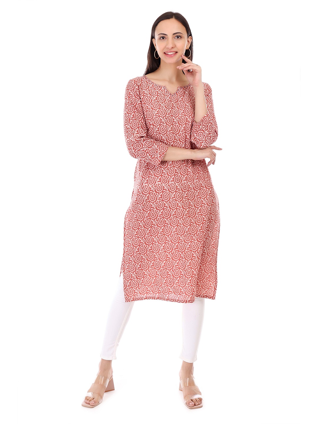 

GRIVA Paisley Printed Round Neck Pure Cotton Straight Kurta, Red