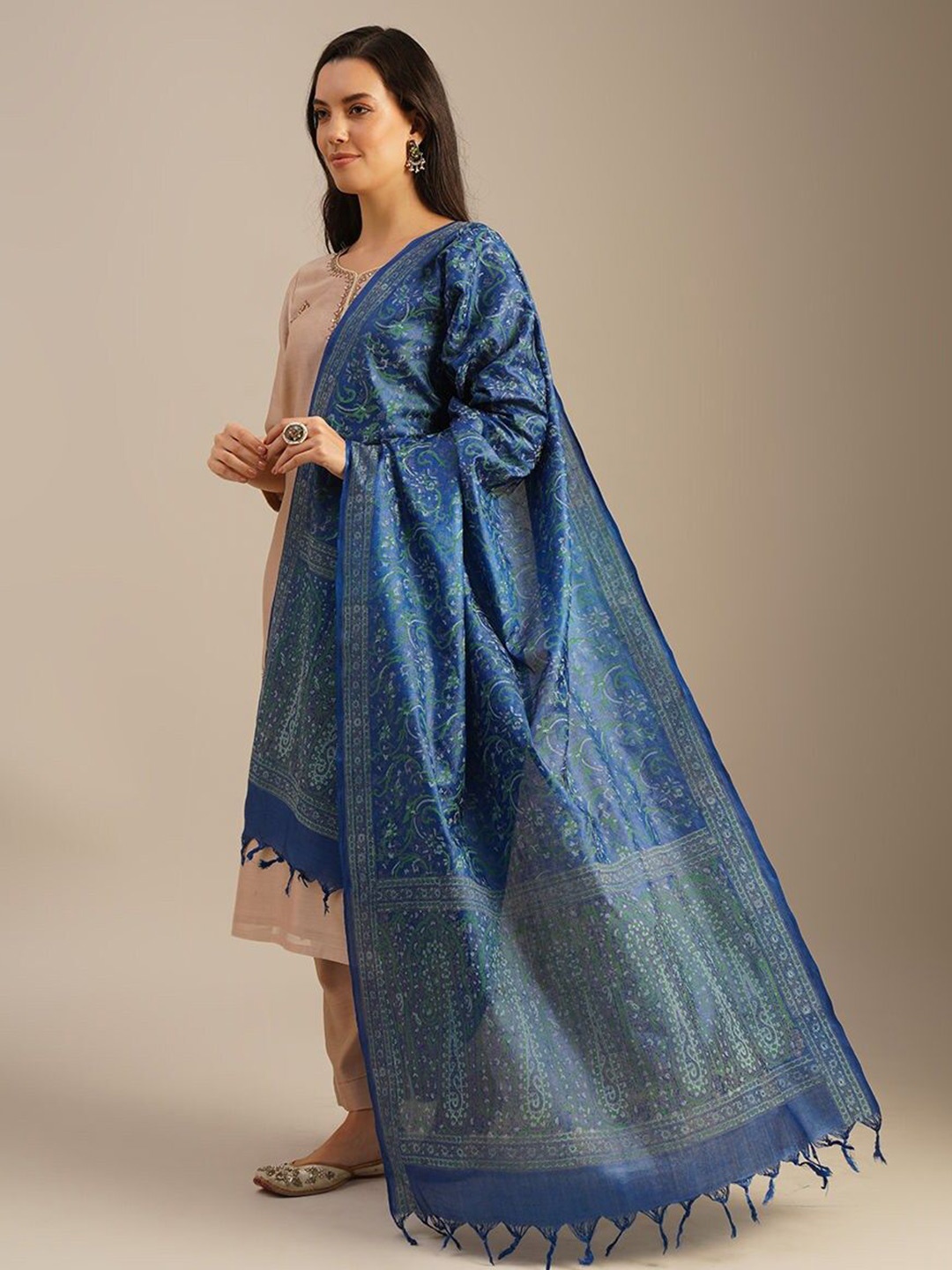 

JAYPORE Floral Printed Tussar Silk Dupatta, Blue
