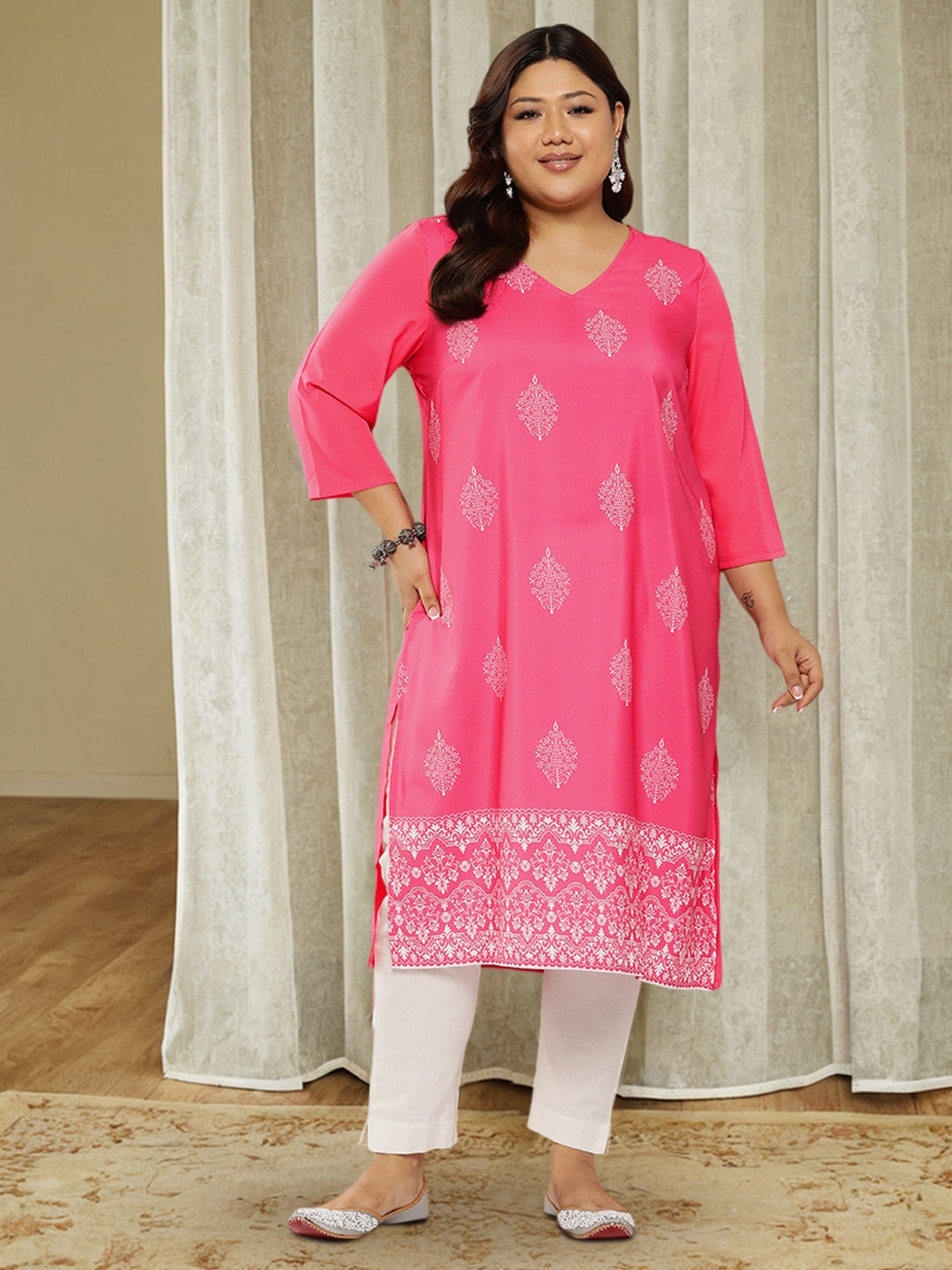 

Sztori Plus Size Printed Straight Kurta, Pink
