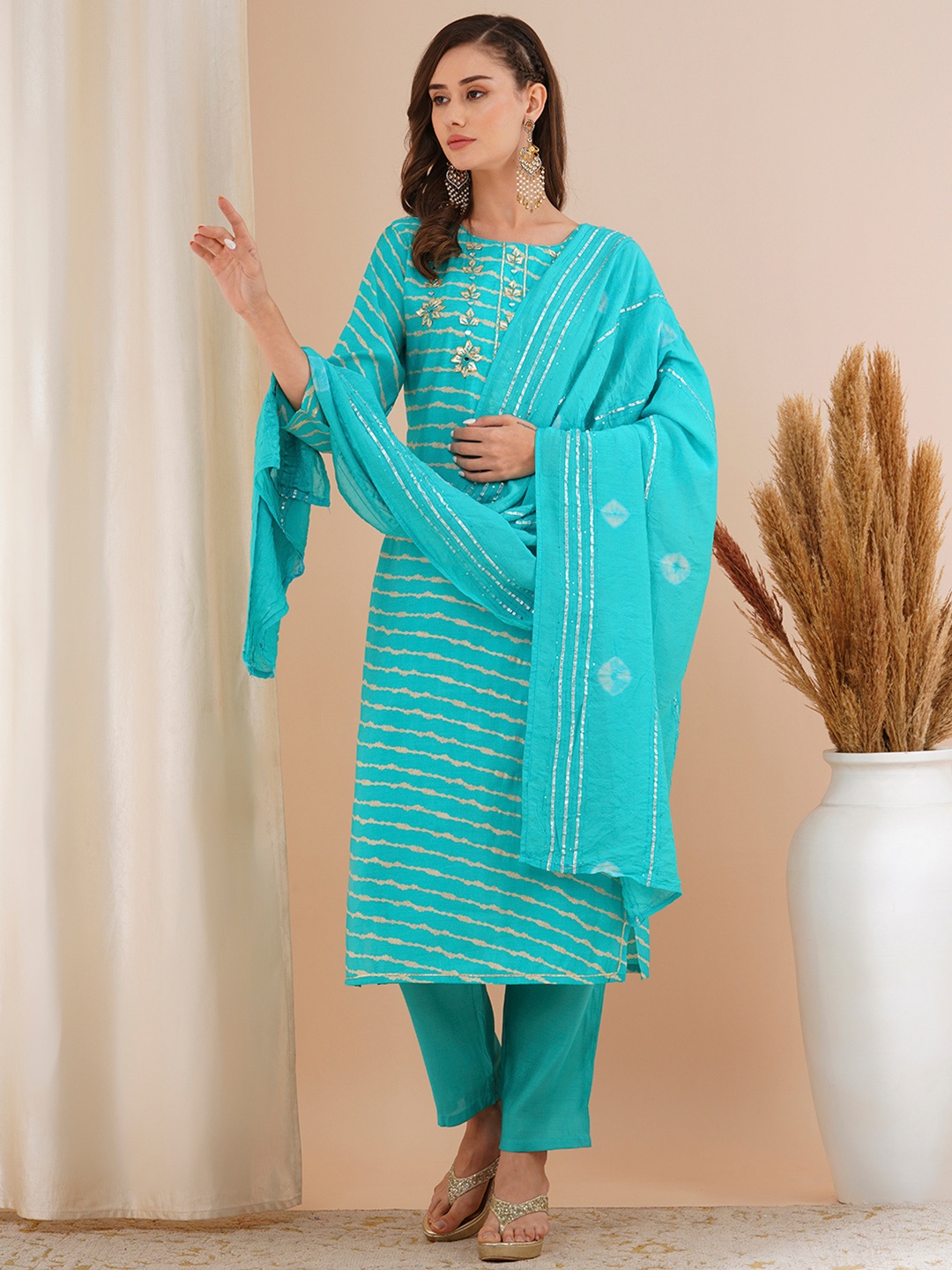 

FASHOR Leheriya Printed Gotta Patti Straight Kurta with Trousers & Dupatta, Turquoise blue