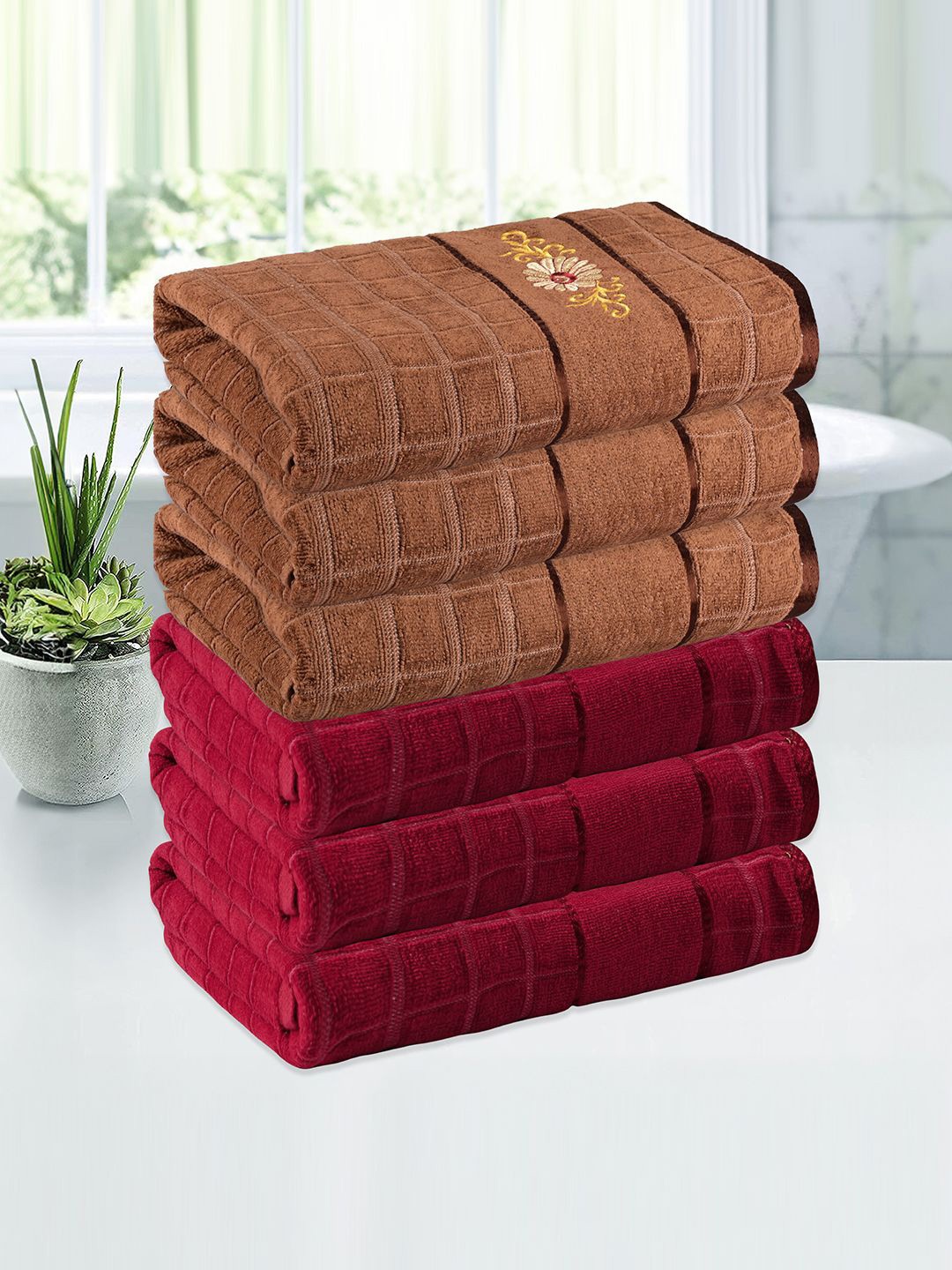 

Kuber Industries Red & Brown 6 Pieces Striped 260 GSM Bath Towels