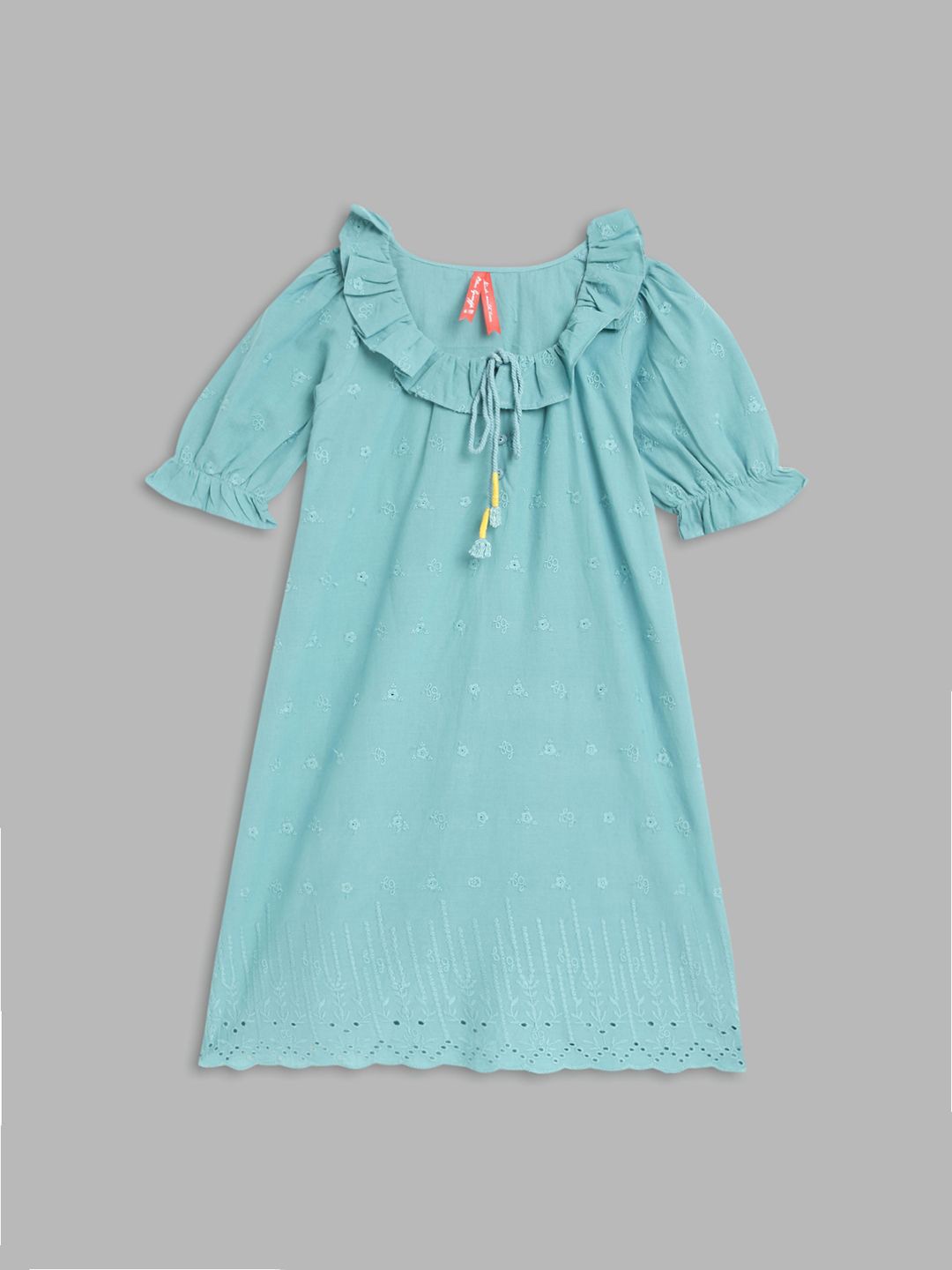 

Blue Giraffe Girls Embroidered Puff Sleeve A-Line Dress