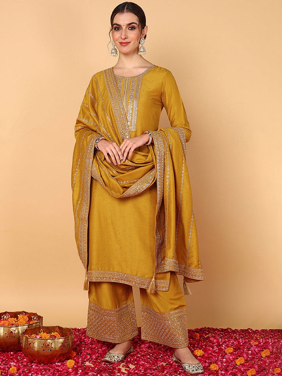 

MAHALASA Women Ethnic Motifs Embroidered Regular Sequinned Kurta with Palazzos & With Dupatta, Mustard