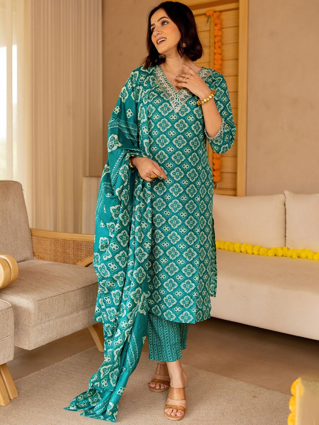 

KALINI Ethnic Motifs Printed Sequinned Kurta With Trousers & Dupatta, Teal