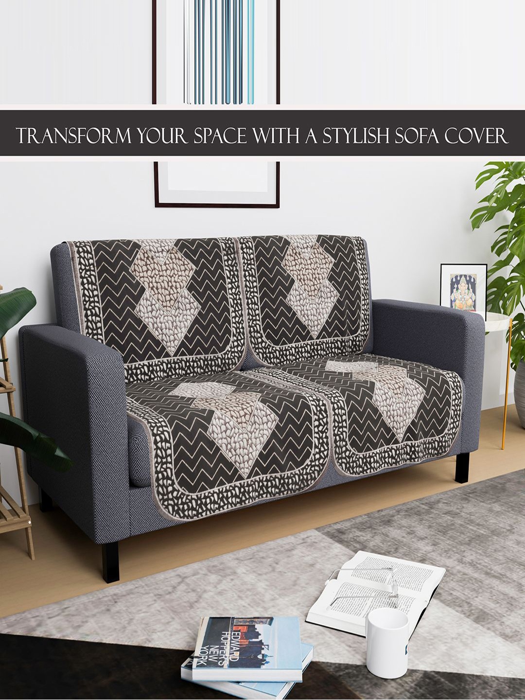 

Kuber Industries Grey & Brown 4 Pieces Printed 2-Seater Sofa Covers With Arms