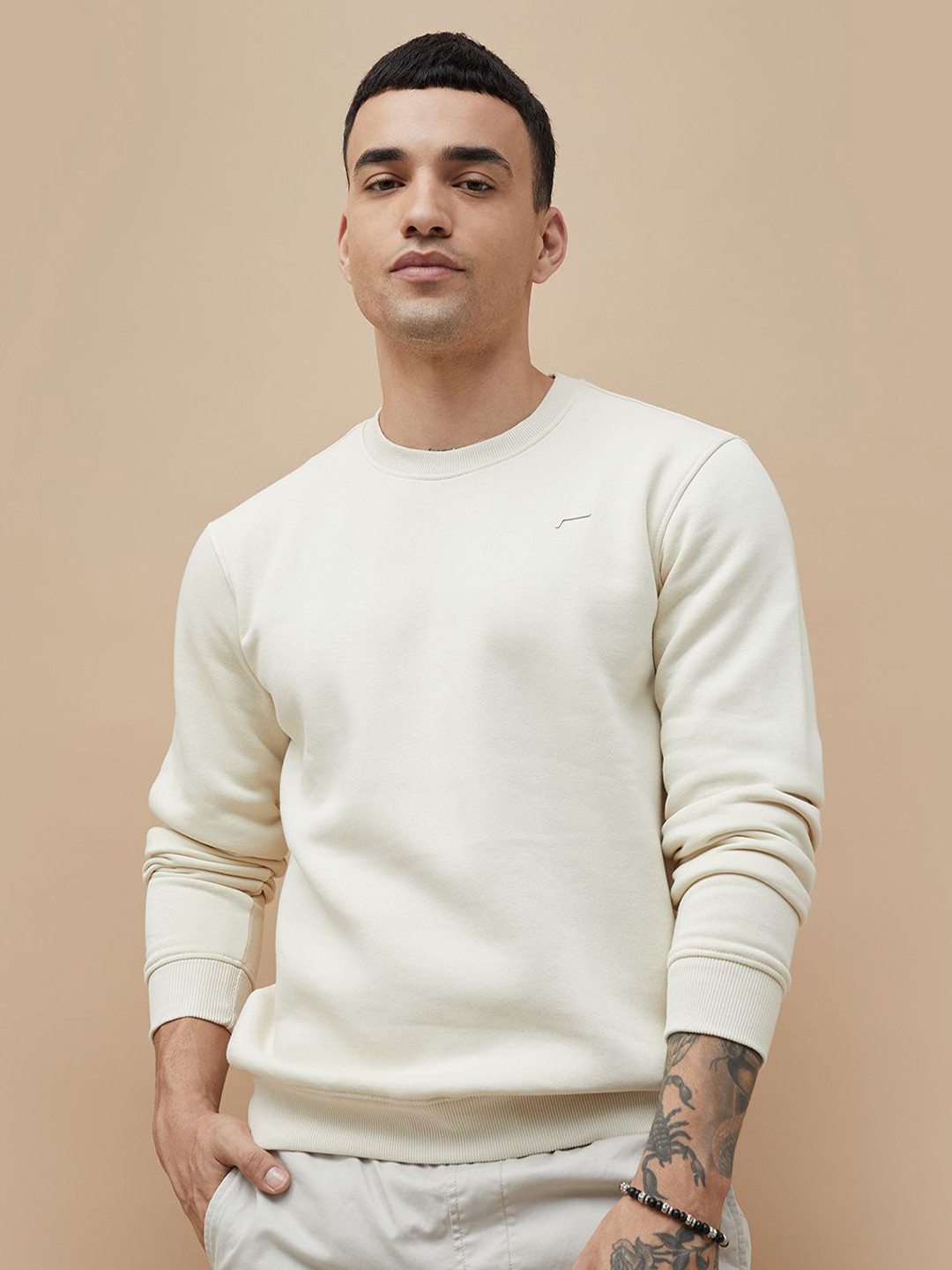 

Fame Forever by Lifestyle Men Solid Round Neck Cotton Pullover Ribbed Sweatshirt, Off white