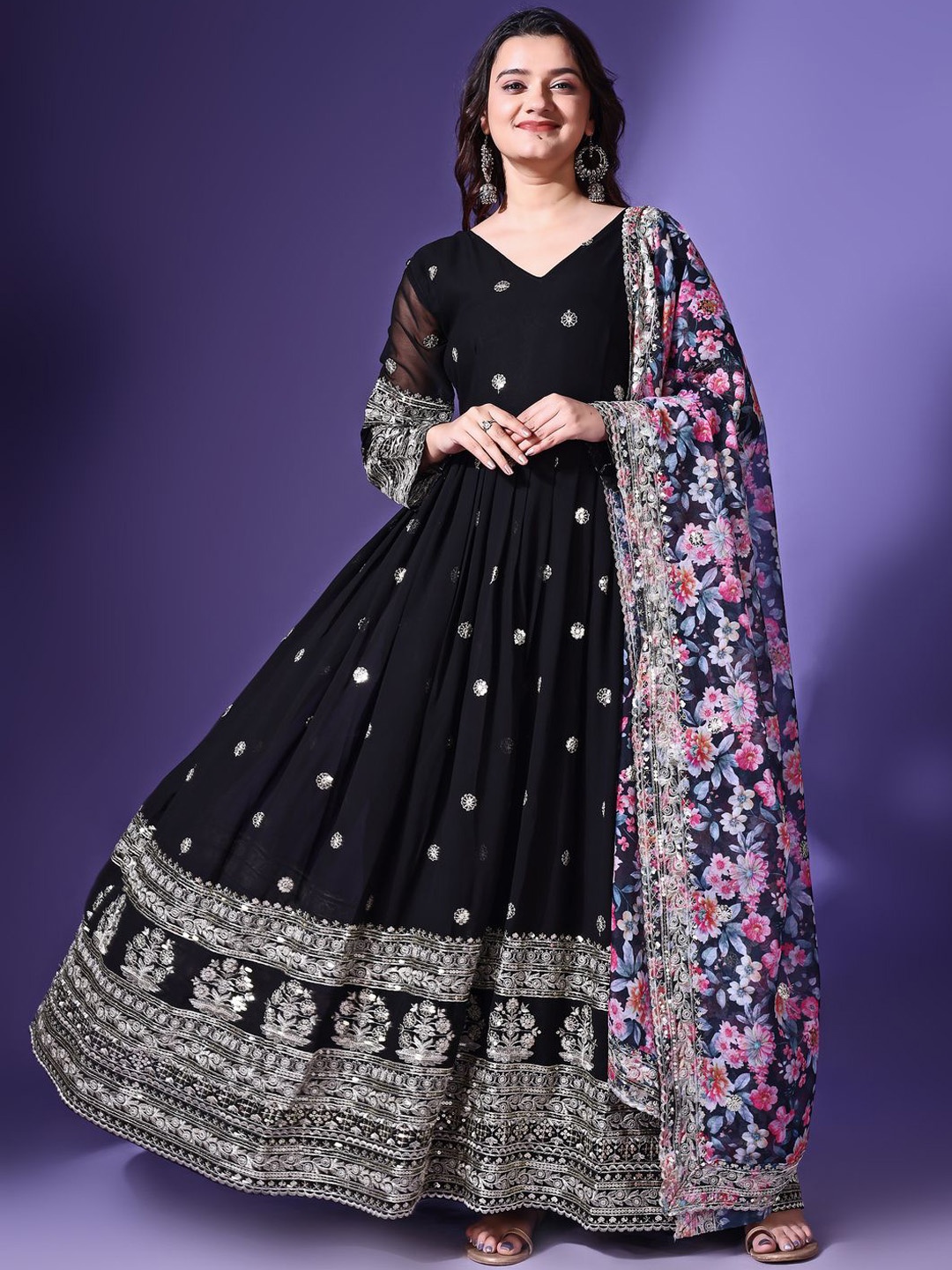 

Wedani Floral Embroidered Long Sleeves Sequinned Georgette Ethnic Dress With Dupatta, Black