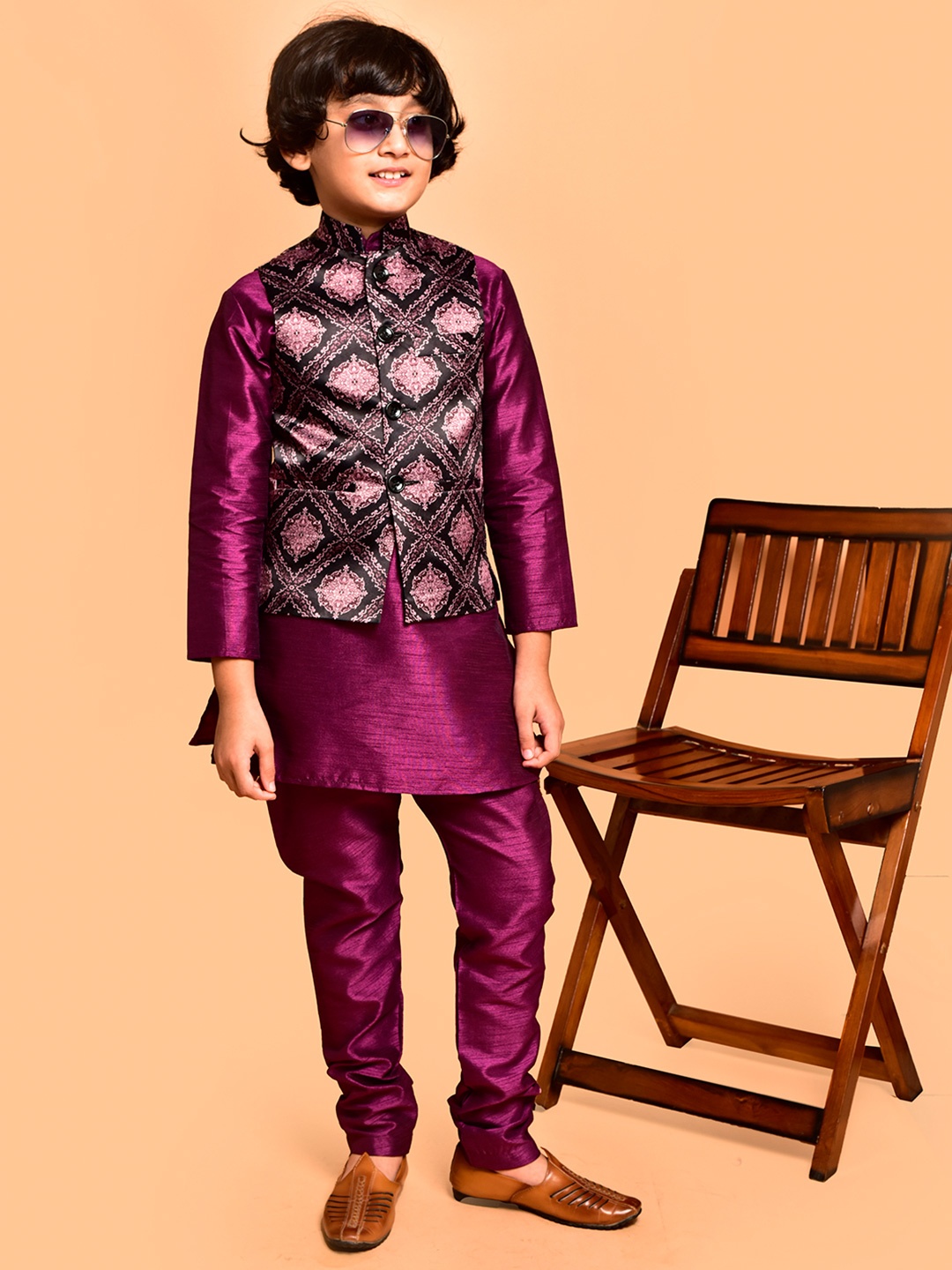 

PRINTCULTR Boys Ethnic Motifs Printed Straight Kurta with Pyjamas, Purple