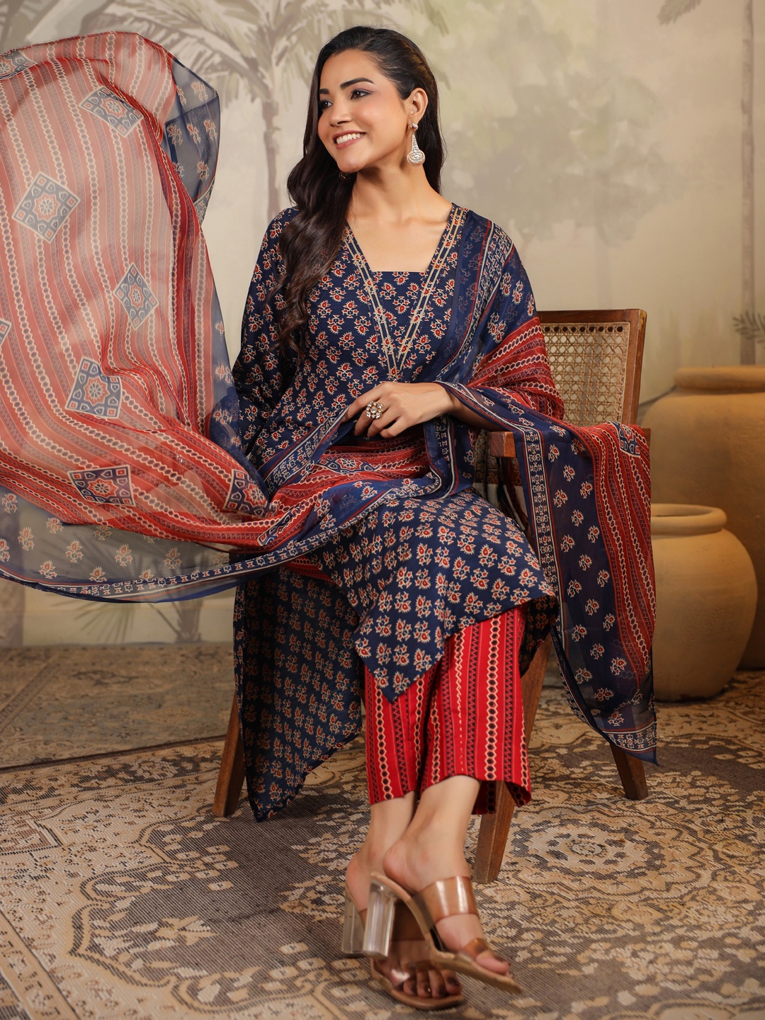 

KALINI Floral Printed Straight Kurta With Trousers & Dupatta, Navy blue