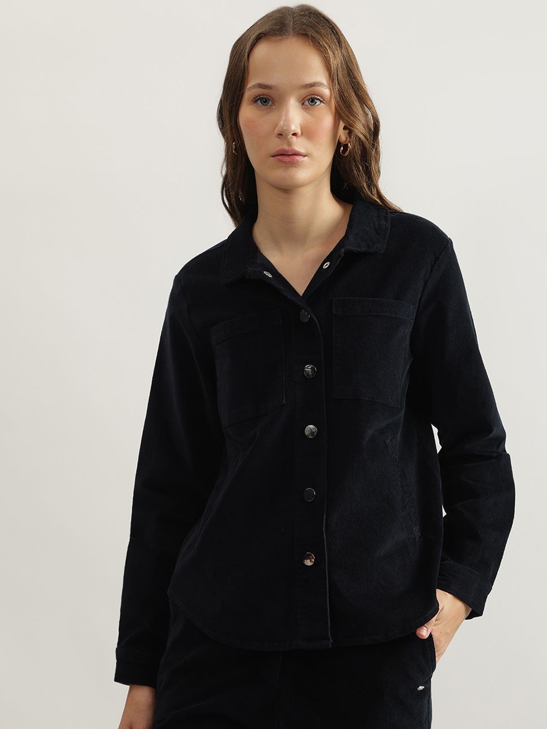 

ELLE Women Spread Collar Solid Cotton Oversized Casual Shirt, Black