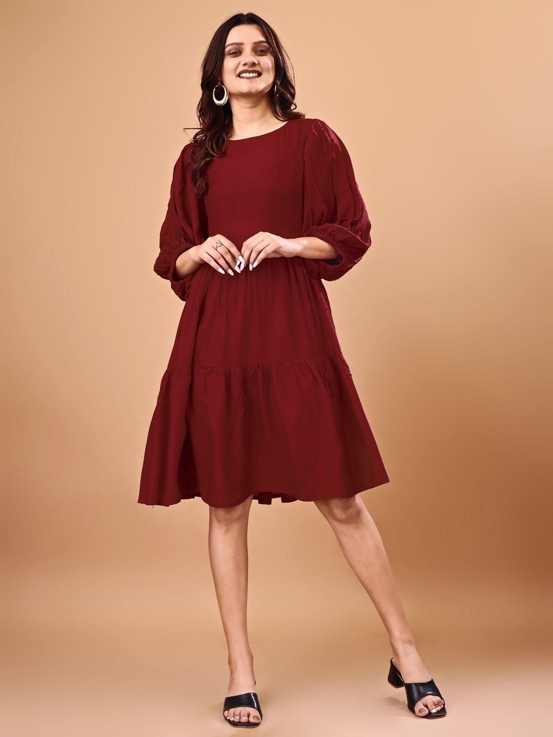 

SHINISHA Women Flared Sleeve Fit & Flare Dress, Maroon