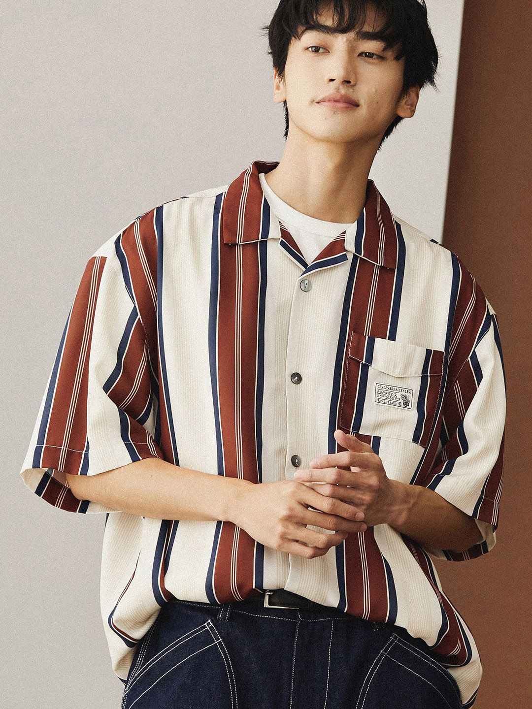 

StyleCast Men Cuban Collar Vertical Striped Cotton Casual Shirt, Cream