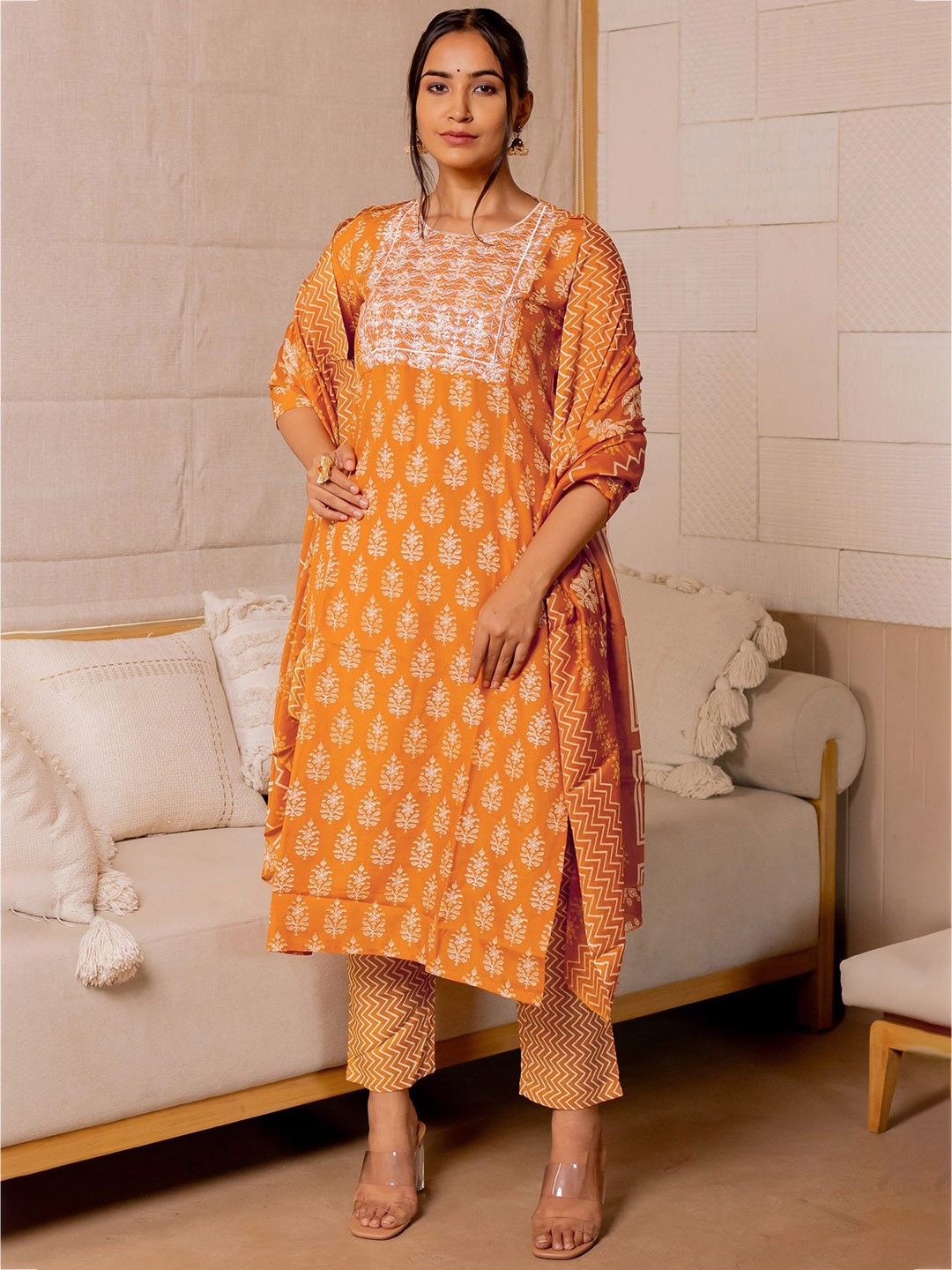 

KALINI Ethnic Motifs Printed Sequinned Kurta with Trouser & Dupatta, Orange