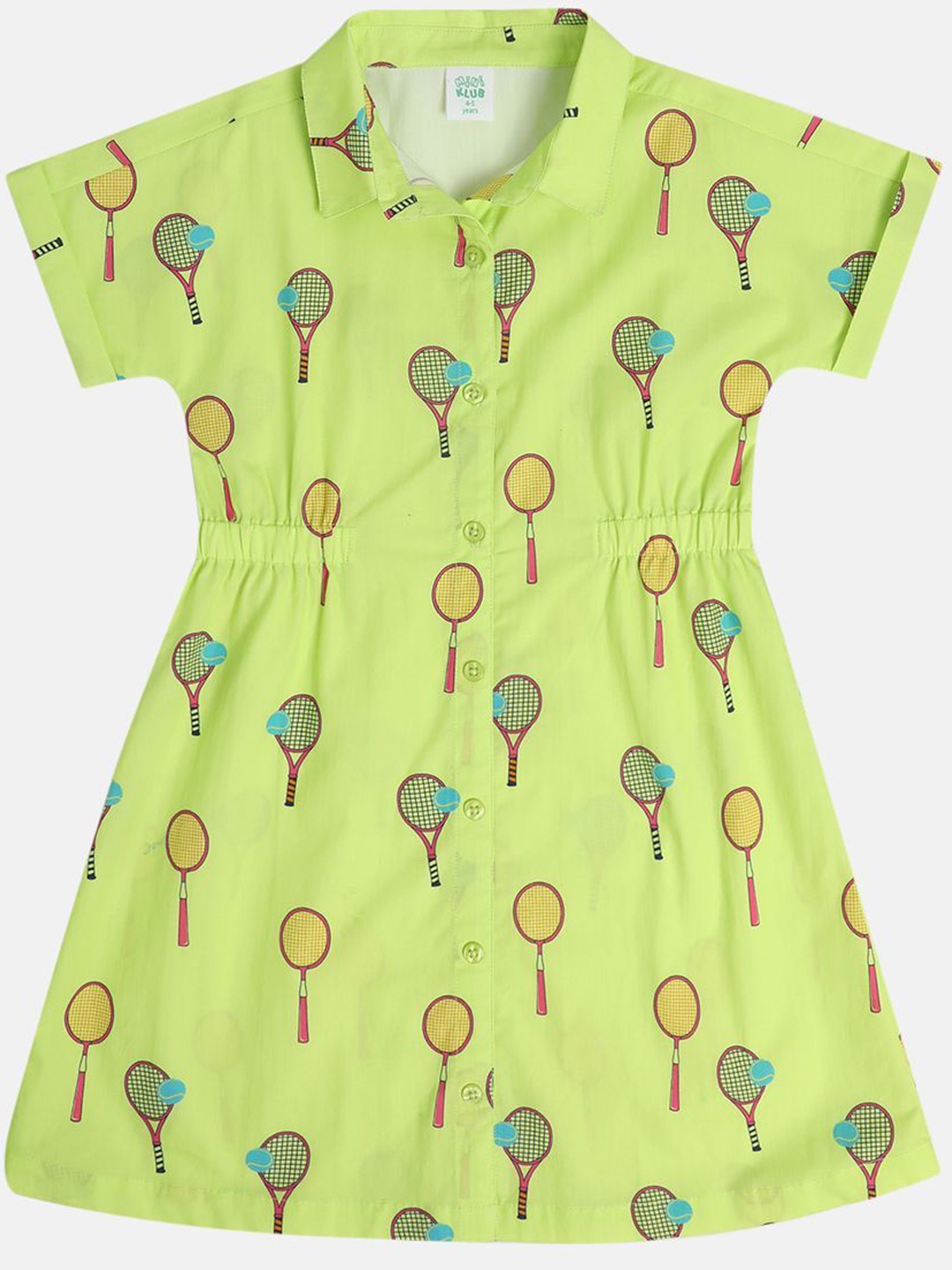 

MINI KLUB Girls Printed Pure Cotton Shirt Collar Regular Sleeves Shirt Dress, Green