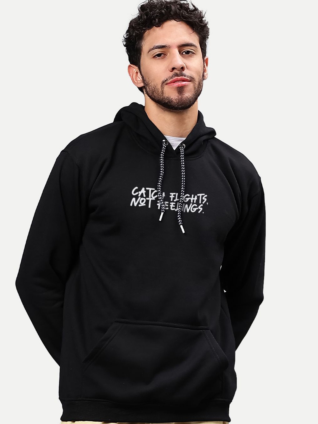 

Mad Over Print Men Typography Printed Hood Pullover Ribbed Sweatshirt, Black