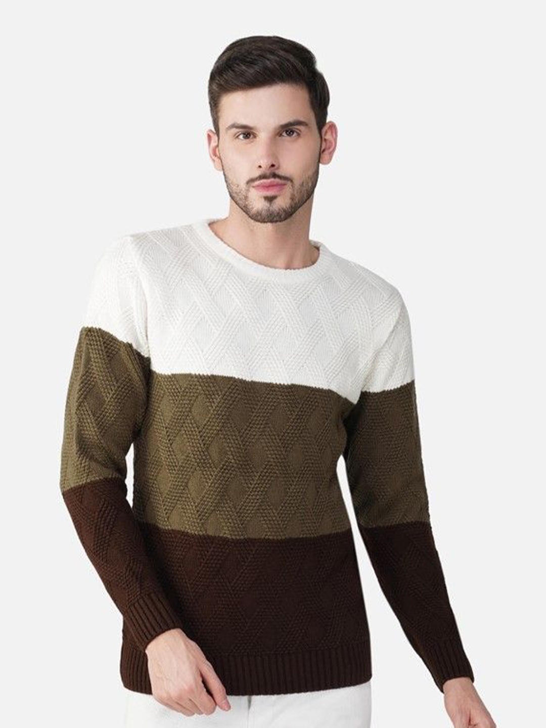 

JoE Hazel Men Colourblocked Pullover Round Neck Sweaters, Coffee brown