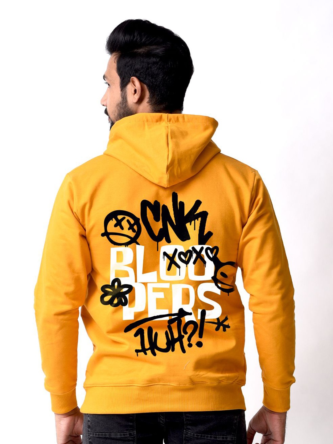 

Bloopers Store Men Typography Printed Hood Cotton Pullover Ribbed Sweatshirt, Mustard