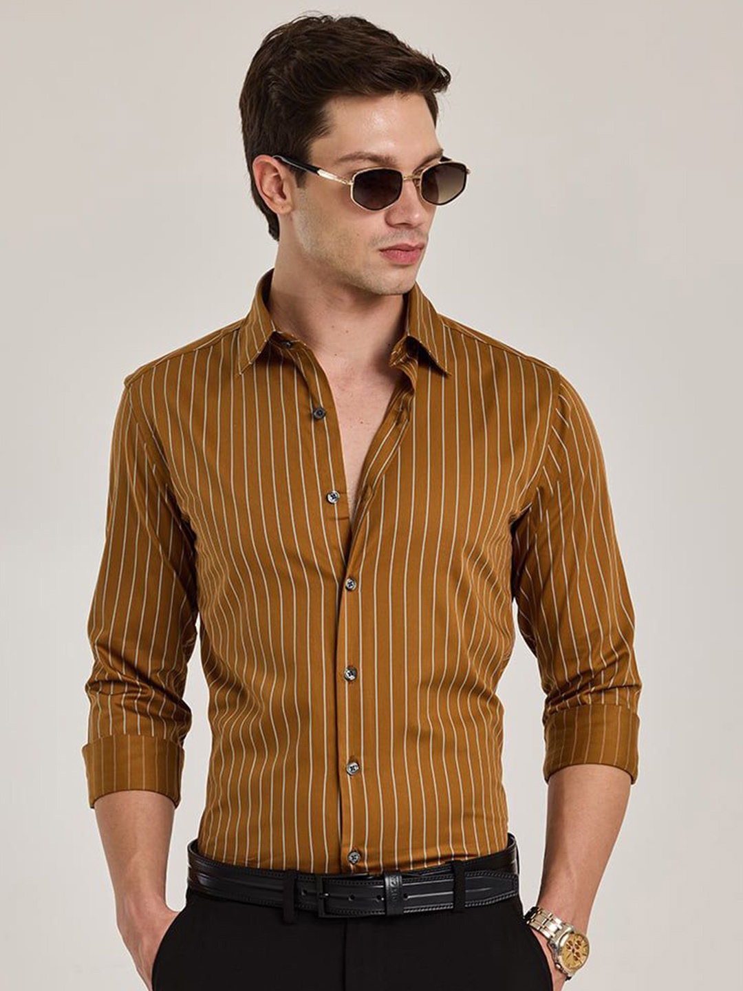 

Snitch Men Smart Spread Collar Vertical Striped Cotton Casual Shirt, Mustard