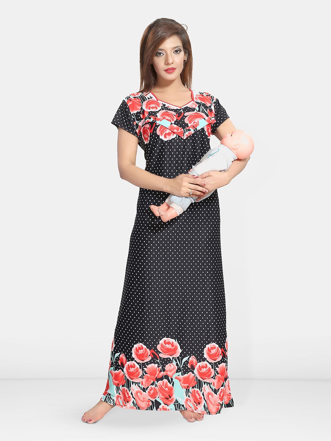 

Be You Women Printed Maxi Maternity Nightdress, Black