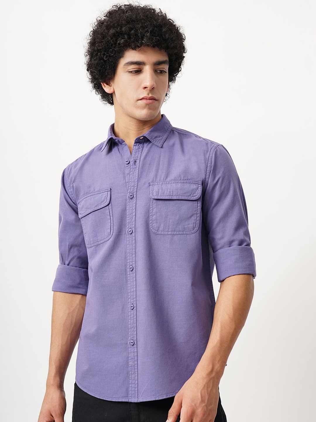 

British Club Men Comfort Spread Collar Solid Cotton Casual Shirt, Purple