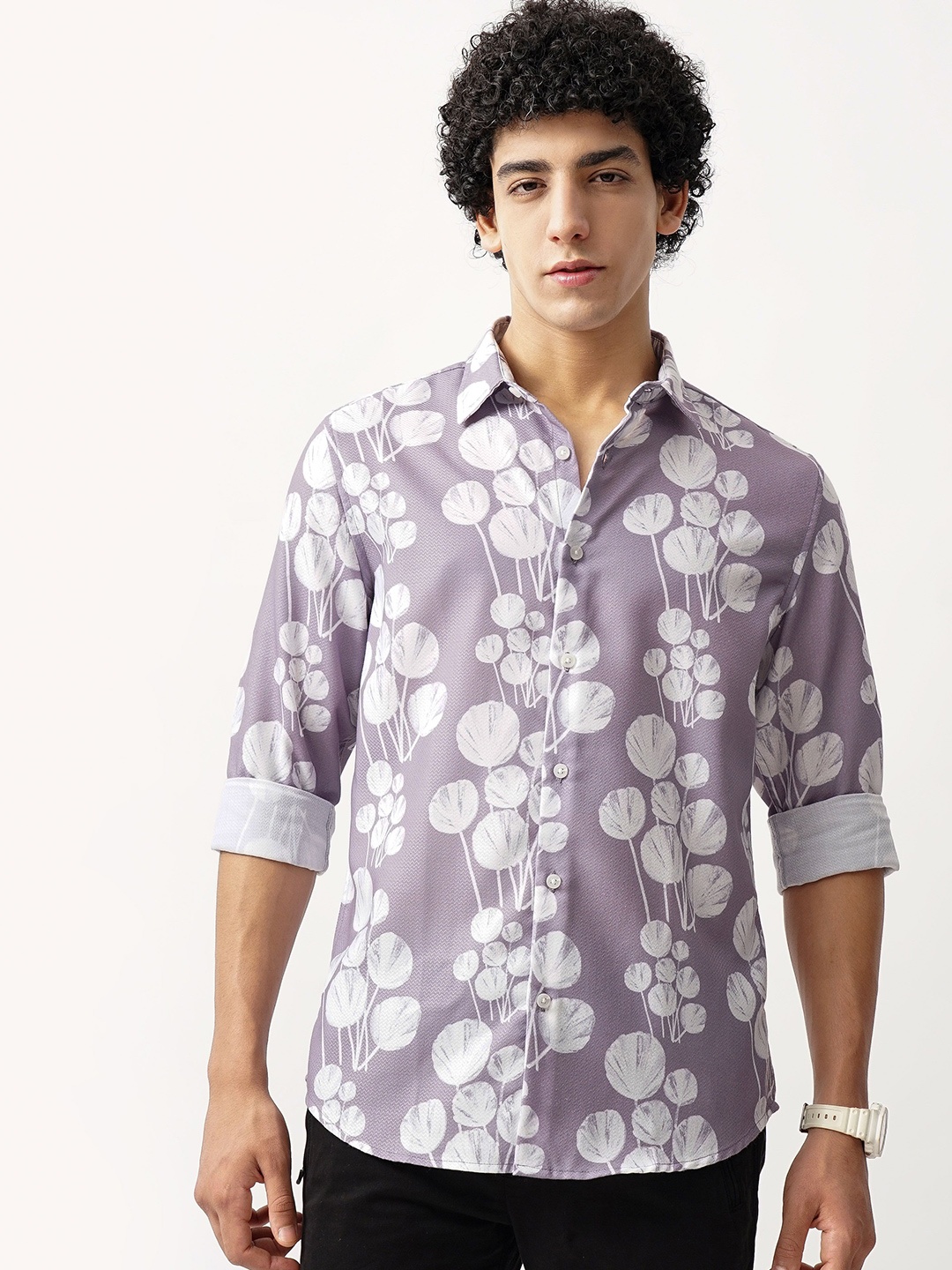 

British Club Men Comfort Spread Collar Floral Printed Slim Fit Casual Shirt, Lavender