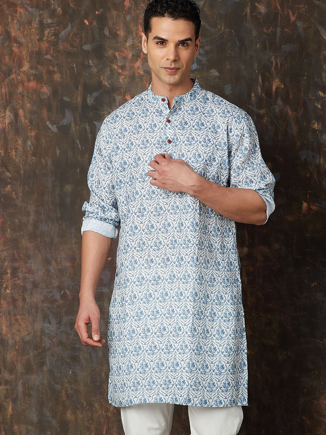 

Melange by Lifestyle Ethnic Motifs Printed Band Collar Kurta, Blue