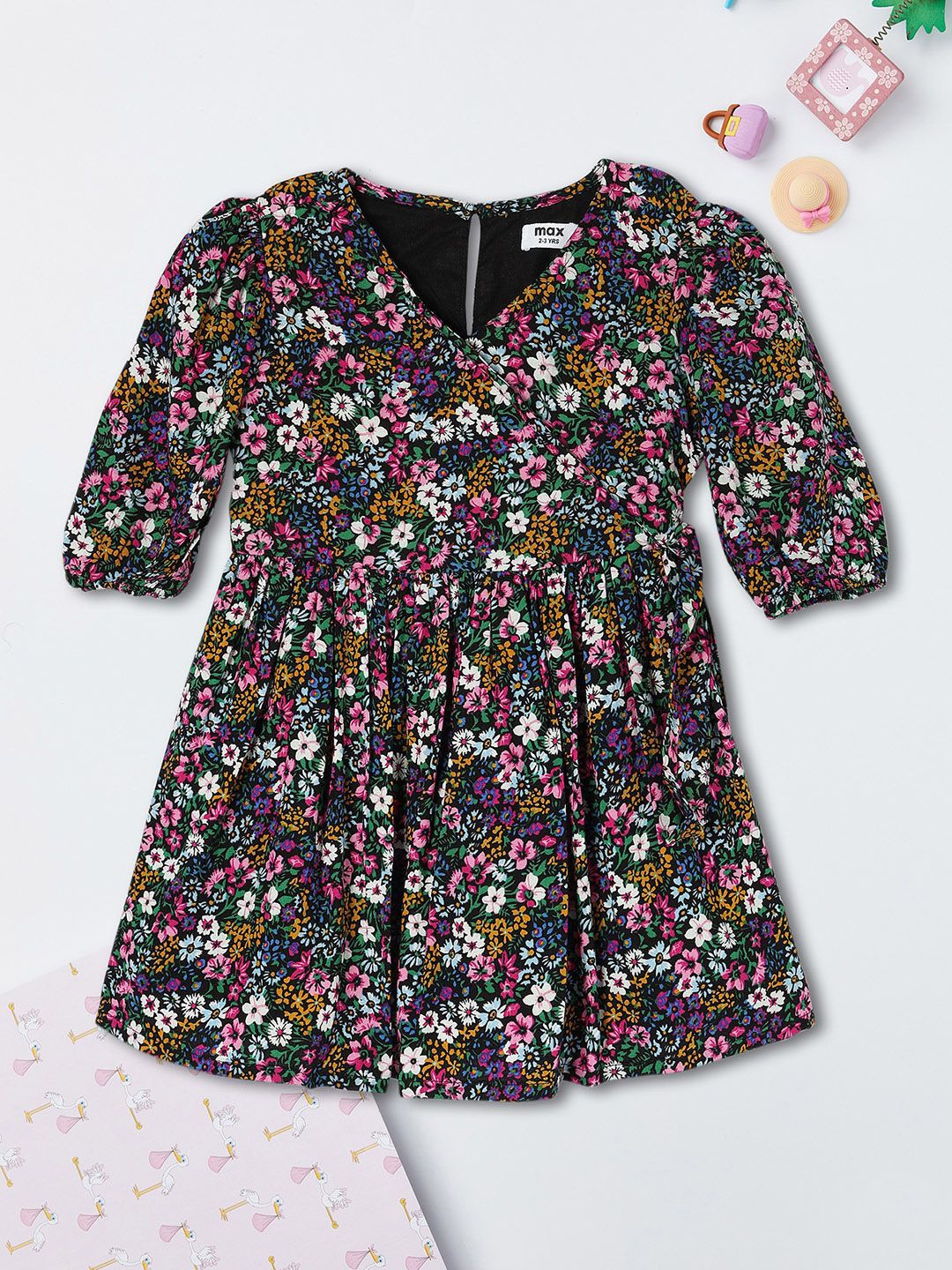 

max Girls Floral Printed Puff Sleeve Fit & Flare Knee Length Dress, Pink