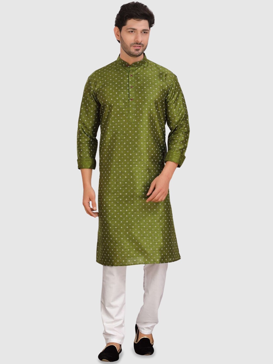 

ENCINO Geometric Printed Mandarin Collar Silk Straight Kurta, Green