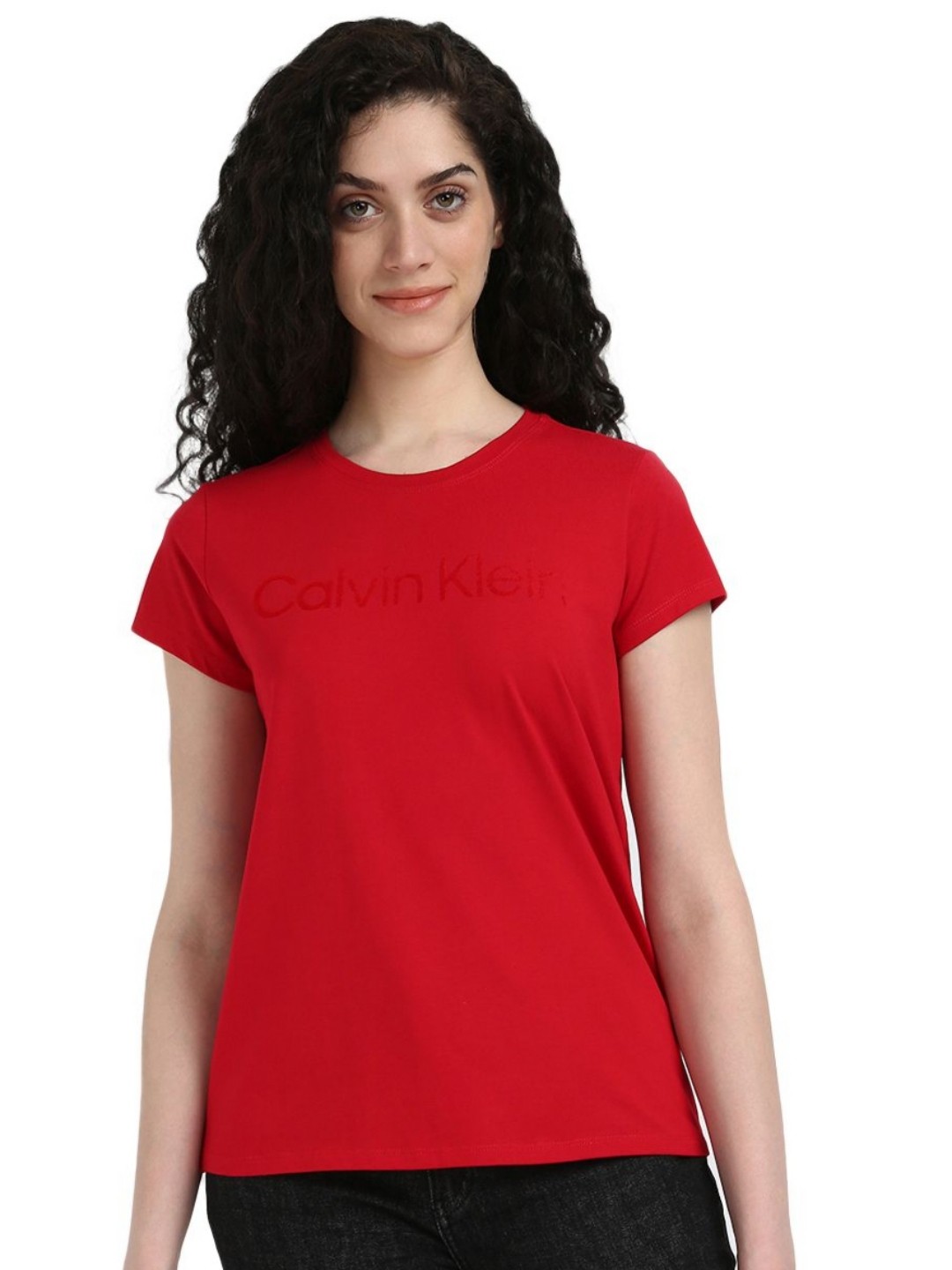 

Calvin Klein Jeans Women Typography Printed Round Neck Cotton T-shirt, Red