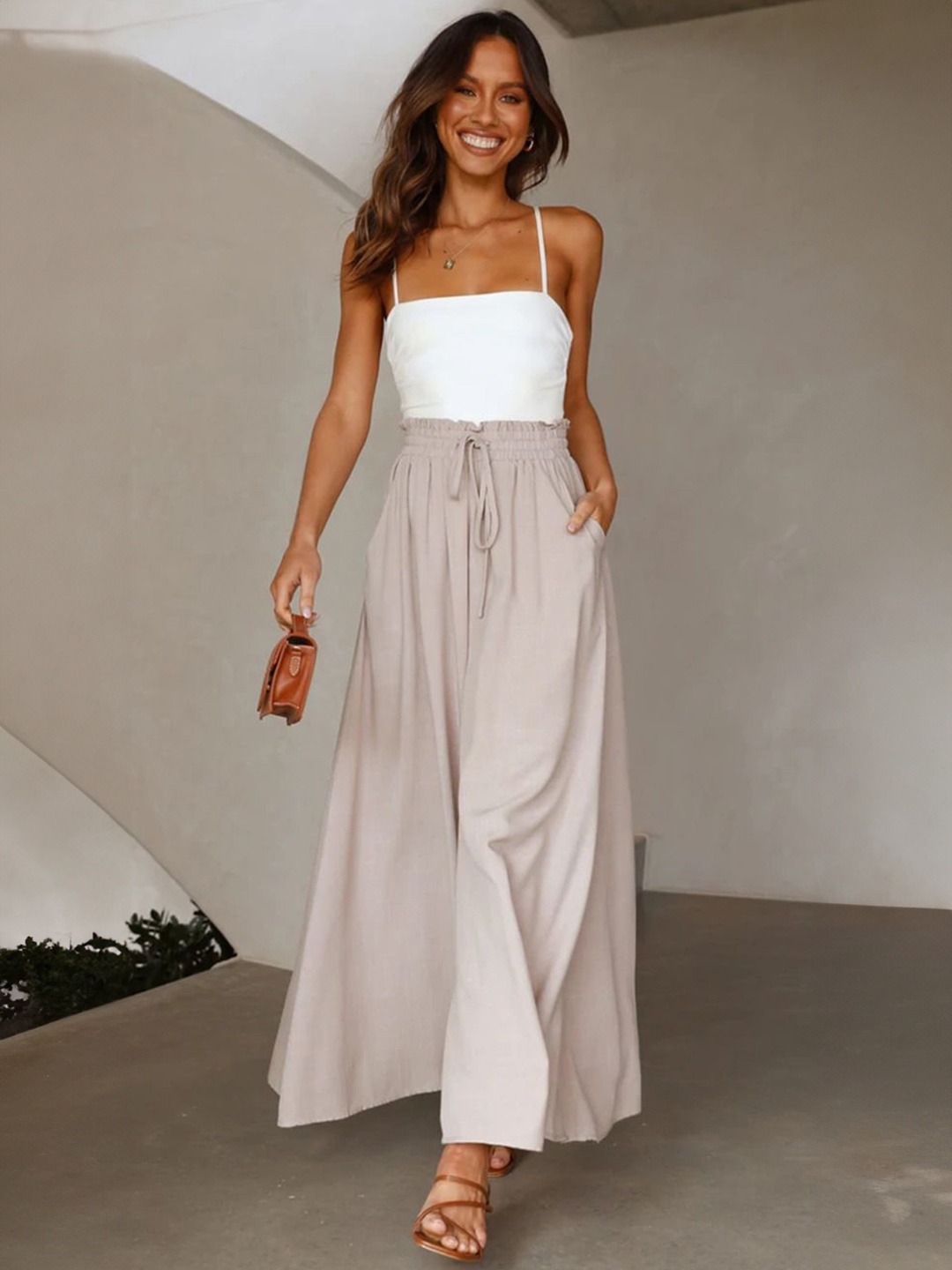 

KPOP Women Solid Wide Leg Western Palazzos, Cream